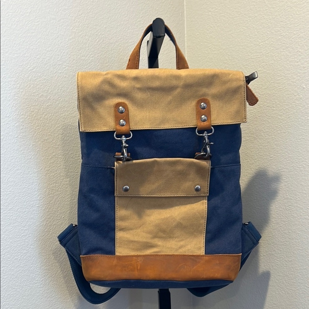 Blue and Tan Roll-Top Backpack with Vintage Style NWOT